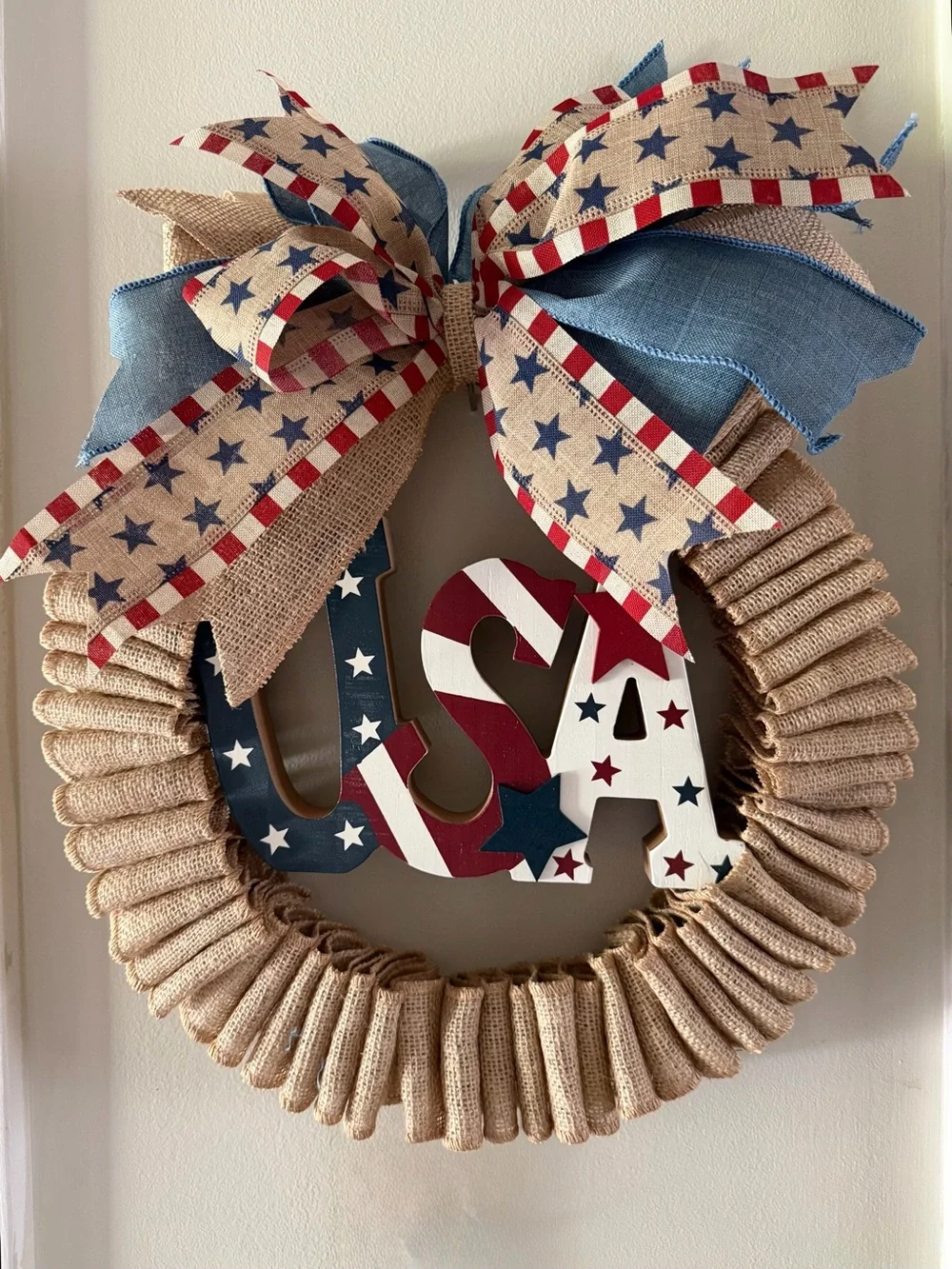 Patriotic USA Burlap Wreath with Star Ribbon